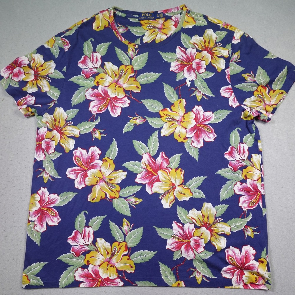 Polo Ralph Lauren T-Shirt Mens XL Blue Hibiscus Floral Tropical All Over Print